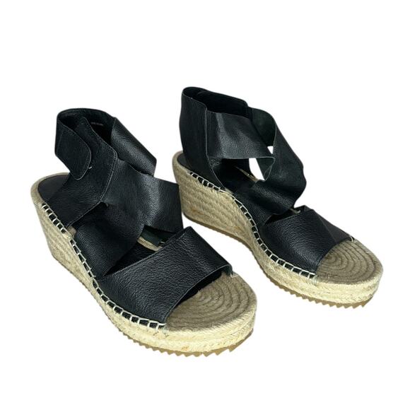Eileen Fisher Willow Tumbled Black Grained Leather Strap Raffia Wedge Size 7.5 - Picture 4 of 10